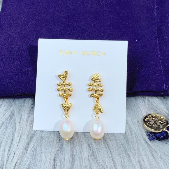 TORY BURCH Faux Pearl Fish Bone Drop Earrings - Picture 3 of 5